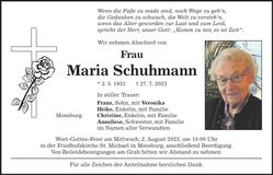 Traueranzeige Maria Schuhmann