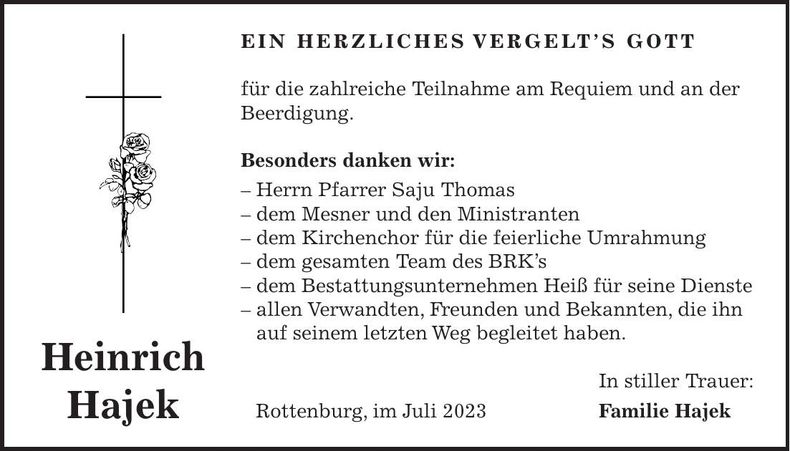 Traueranzeige Heinrich Hajek