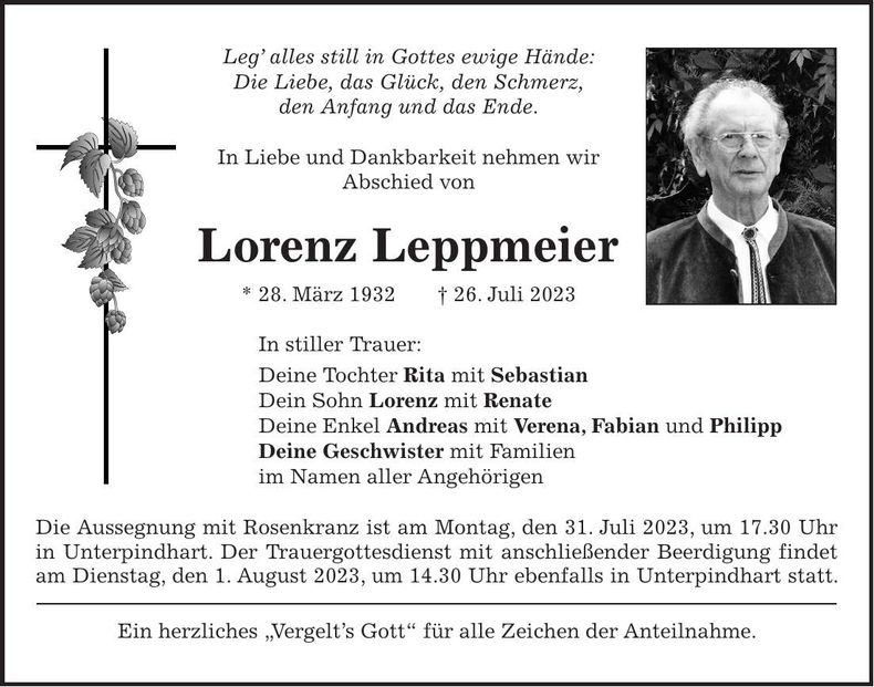 Traueranzeige Lorenz Leppmeier