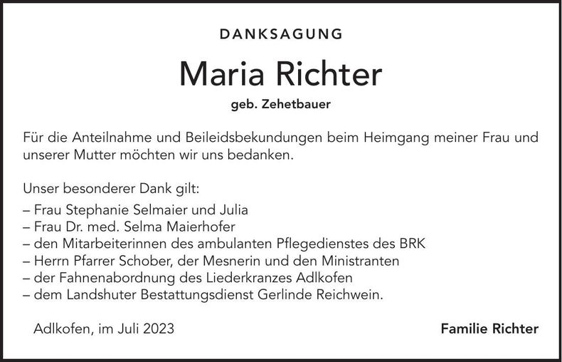 Traueranzeige Maria Richter