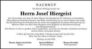 Traueranzeige Josef Hiergeist