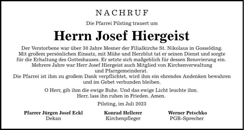Traueranzeige Josef Hiergeist