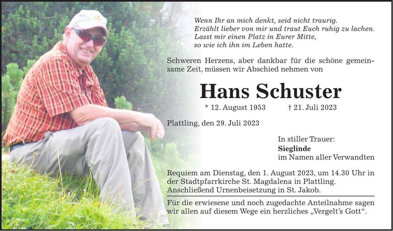 Traueranzeige Hans Schuster