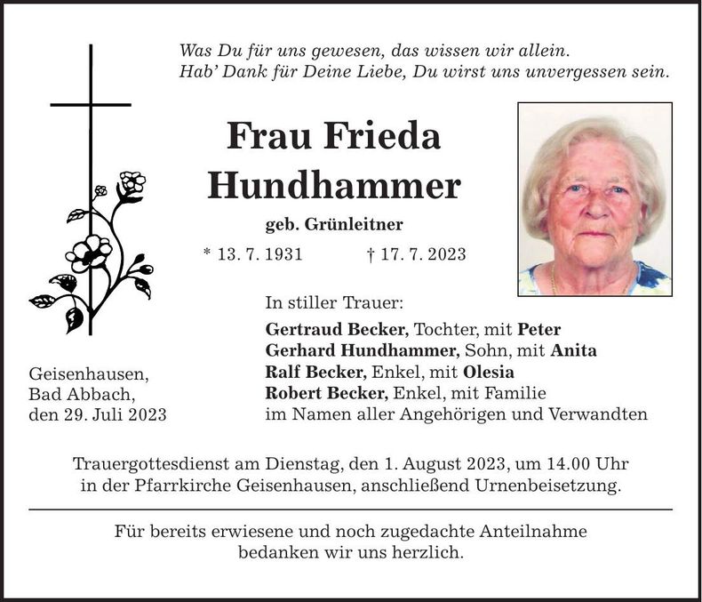 Traueranzeige Frieda Hundhammer