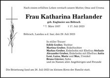 Traueranzeige Katharina Harlander