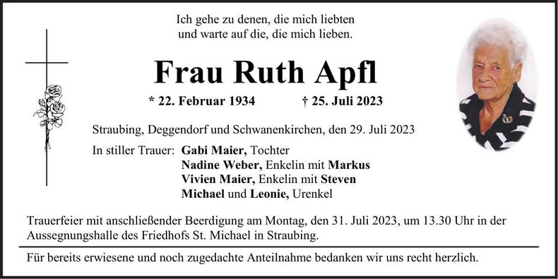 Traueranzeige Ruth Apfl