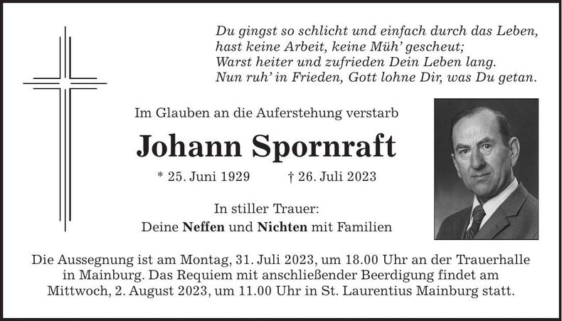 Traueranzeige Johann Spornraft