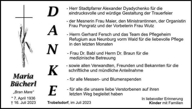 Traueranzeige Maria Bücherl
