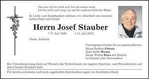 Traueranzeige Josef Stauber