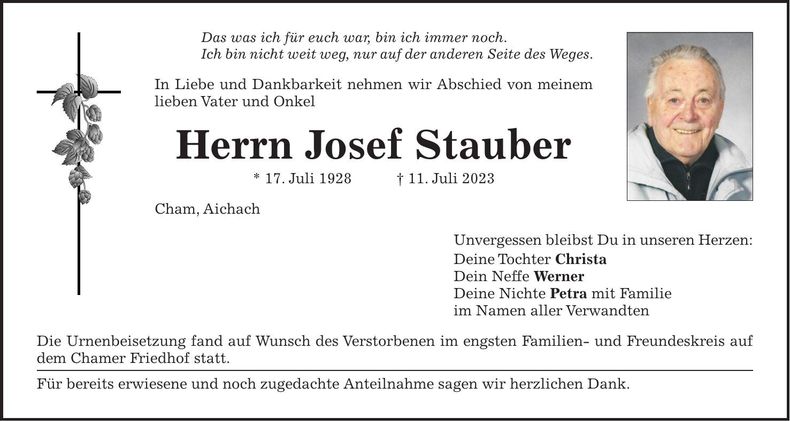 Traueranzeige Josef Stauber
