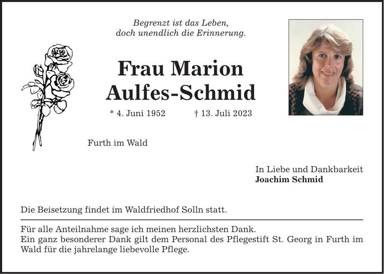Traueranzeige Marion Aulfes-Schmid
