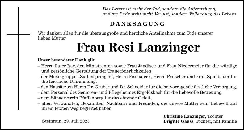 Traueranzeige Resi Lanzinger
