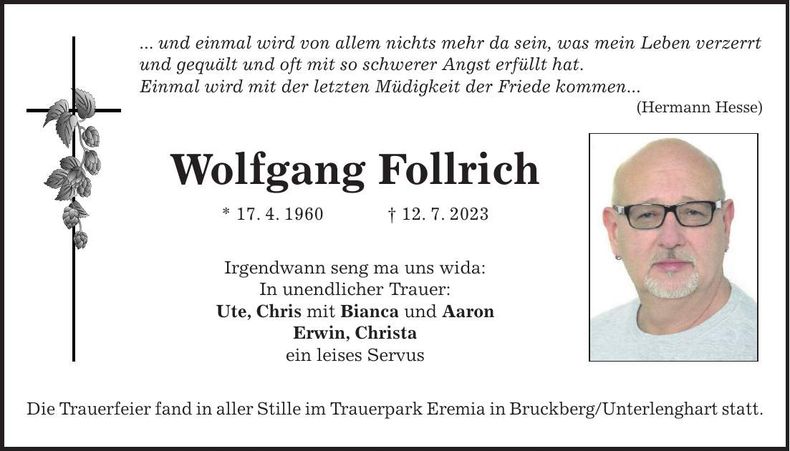 Traueranzeige Wolfgang Follrich