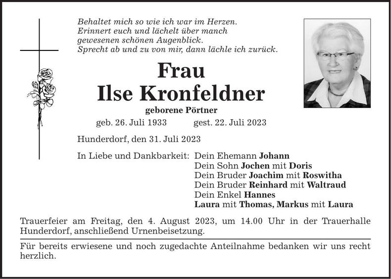 Traueranzeige Ilse Kronfeldner