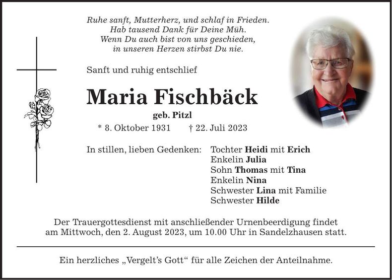 Traueranzeige Maria Fischbäck