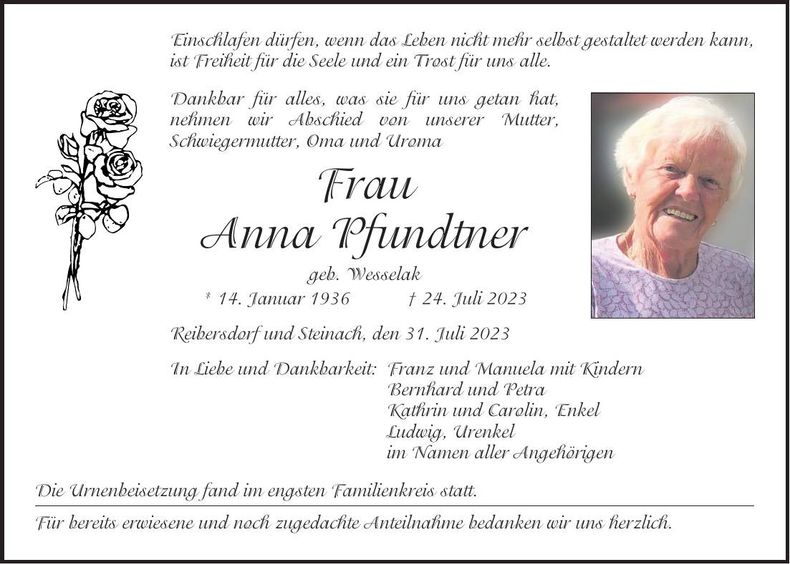 Traueranzeige Anna Pfundtner