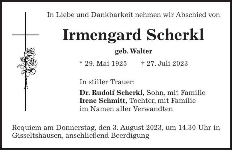Traueranzeige Irmengard Scherkl