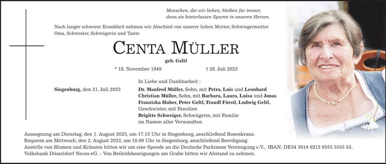 Traueranzeige Centa Müller