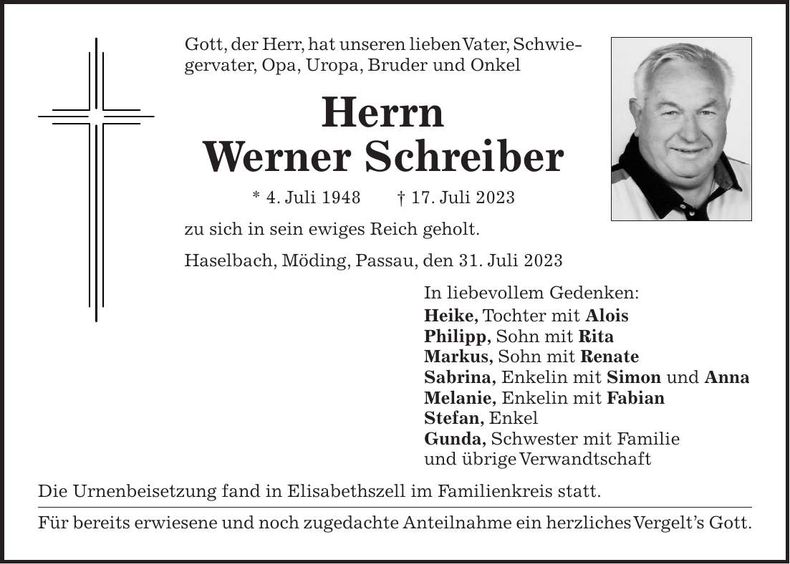 Traueranzeige Werner Schreiber