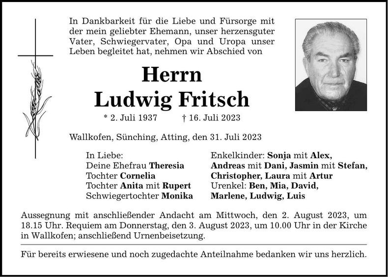 Traueranzeige Ludwig Fritsch