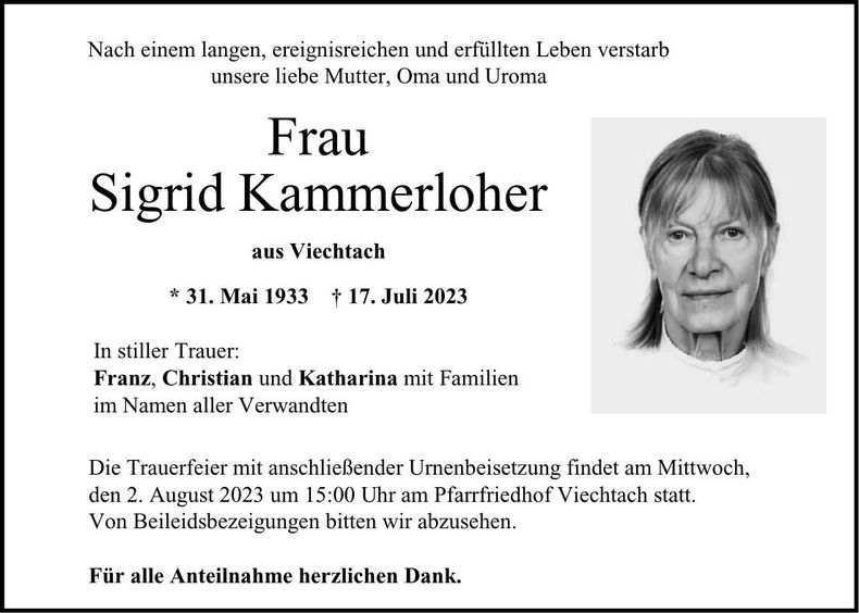 Traueranzeige Sigrid Kammerloher