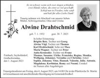 Traueranzeige Alwine Drahtschmid