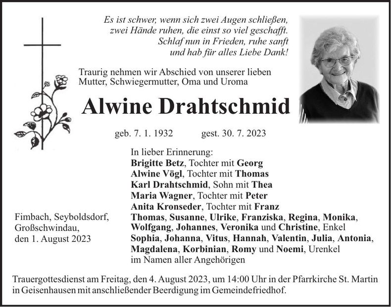 Traueranzeige Alwine Drahtschmid