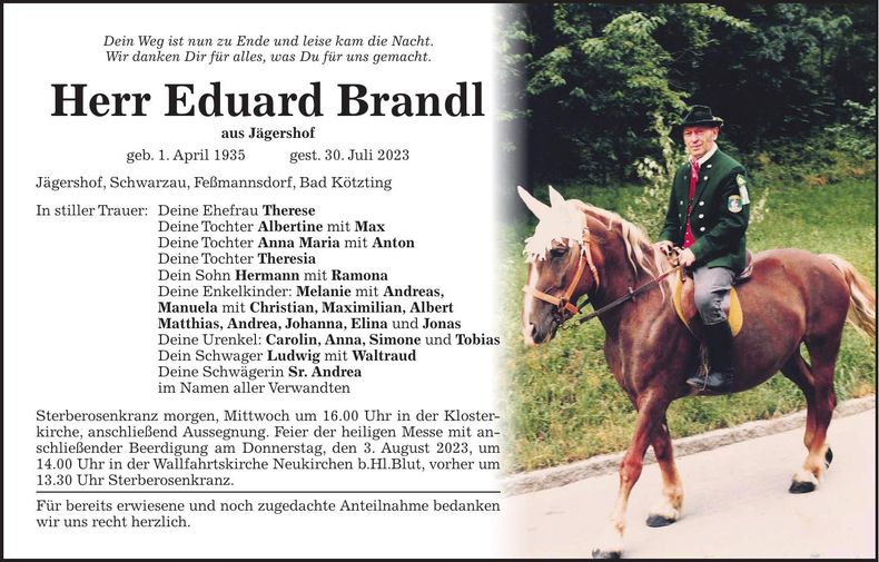 Traueranzeige Eduard Brandl
