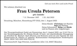 Traueranzeige Ursula Petersen