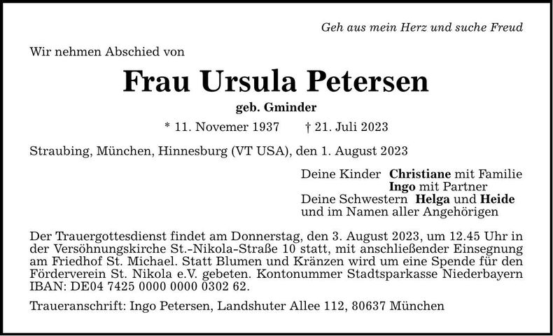 Traueranzeige Ursula Petersen