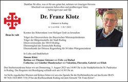 Traueranzeige Franz Dr. Klotz