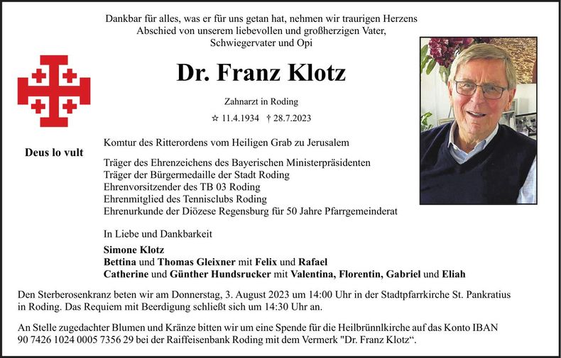Traueranzeige Franz Dr. Klotz