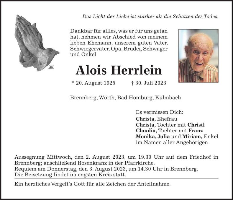 Traueranzeige Alois Herrlein