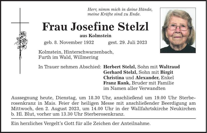 Traueranzeige Josefine Stelzl