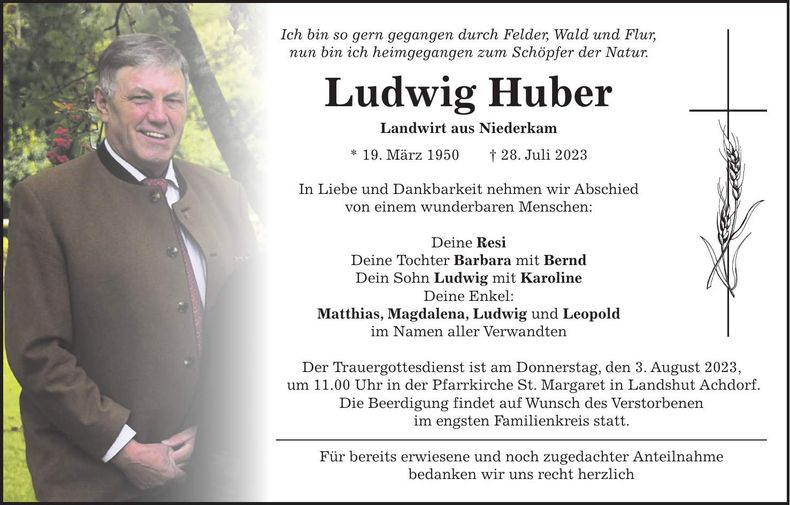 Traueranzeige Ludwig Huber