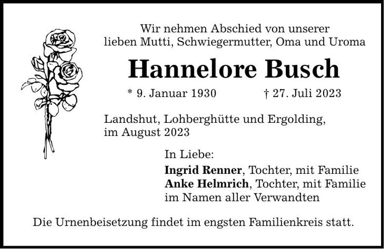Traueranzeige Hannelore Busch