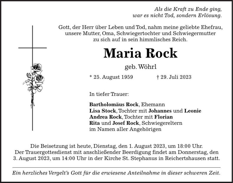 Traueranzeige Maria Rock