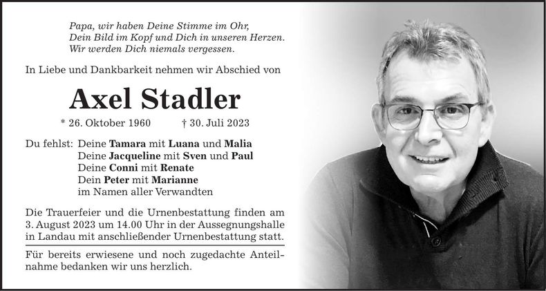 Traueranzeige Axel Stadler