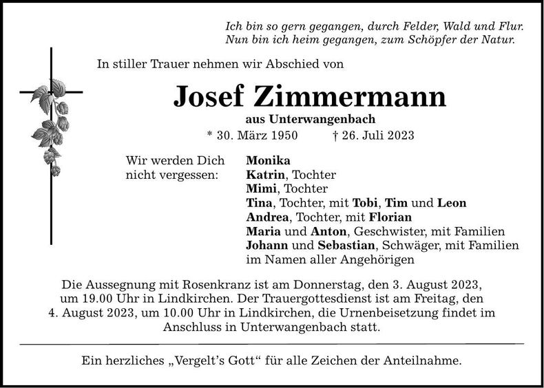 Traueranzeige Josef Zimmermann