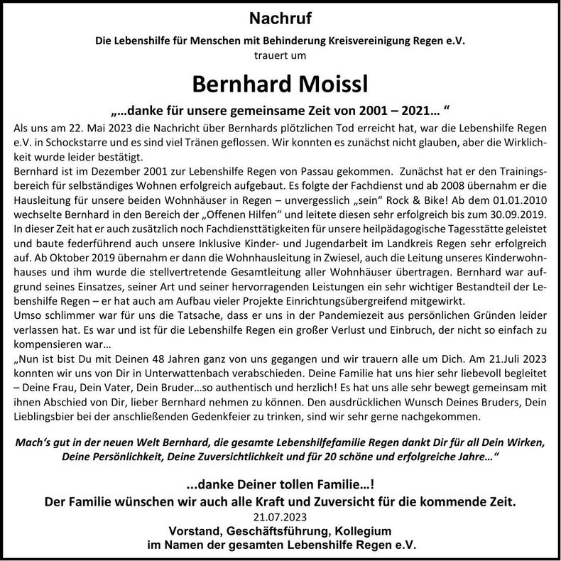 Traueranzeige Bernhard Moissl