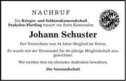 Traueranzeige Johann Schuster