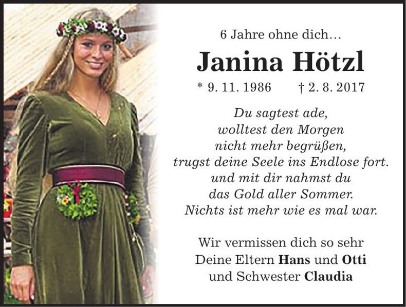 Traueranzeige Janina Hötzl