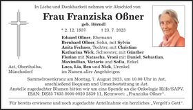 Traueranzeige Franziska Oßner