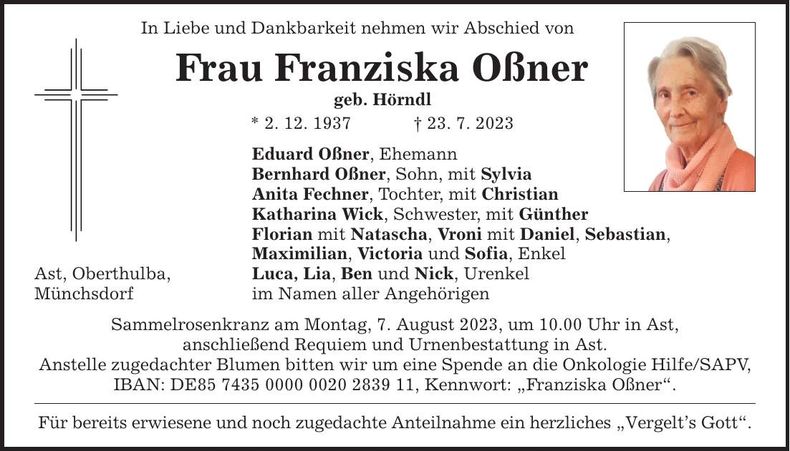 Traueranzeige Franziska Oßner