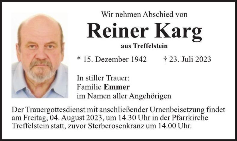 Traueranzeige Reiner Karg