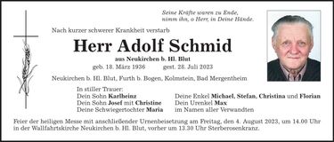 Traueranzeige Adolf Schmid Senior