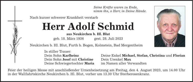 Traueranzeige Adolf Schmid Senior