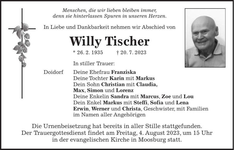 Traueranzeige Willy Tischer