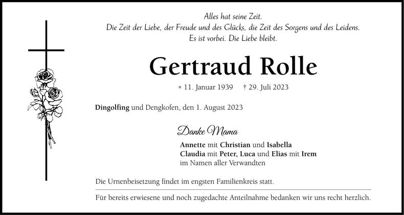Traueranzeige Gertraud Rolle