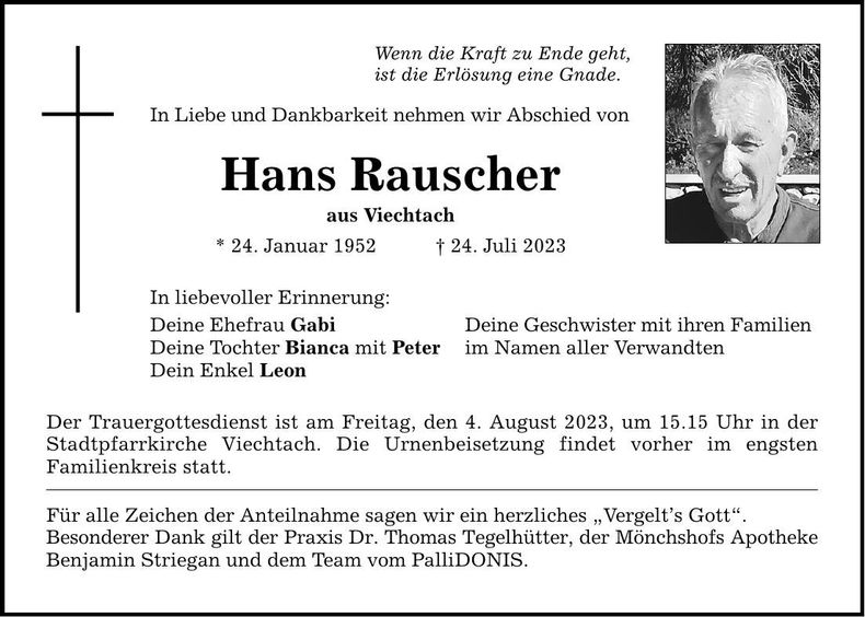 Traueranzeige Hans Rauscher